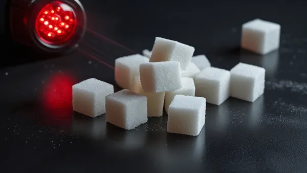 Cubos de açúcar sobre superfície escura com luz vermelha de alerta