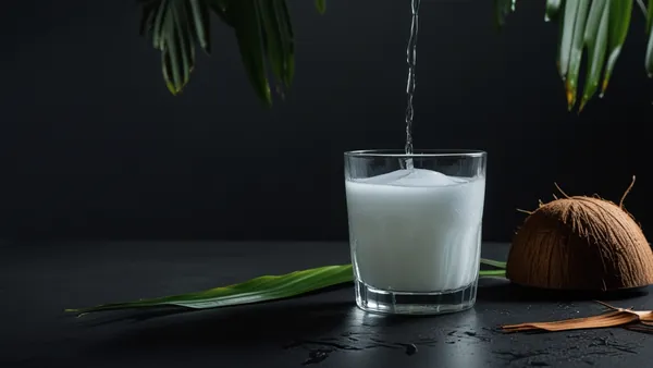 Copo de água de coco fresca sobre mesa escura em clima tropical