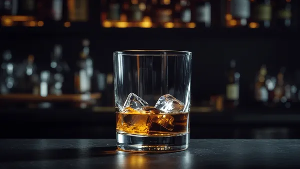 Copo de uísque sobre balcão de bar em ambiente escuro