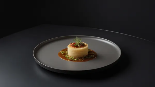 Prato leve e elegante servido em mesa escura, fotografia gastronômica