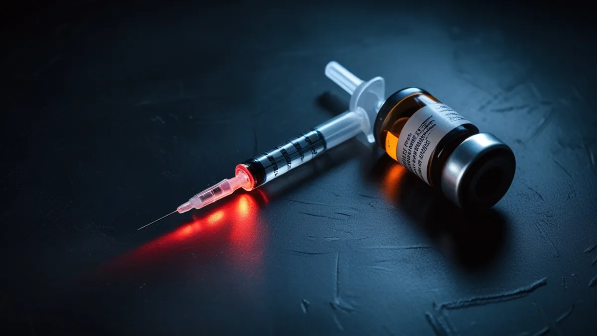 Seringa e frasco sobre superfície metálica escura com luz vermelha de alerta