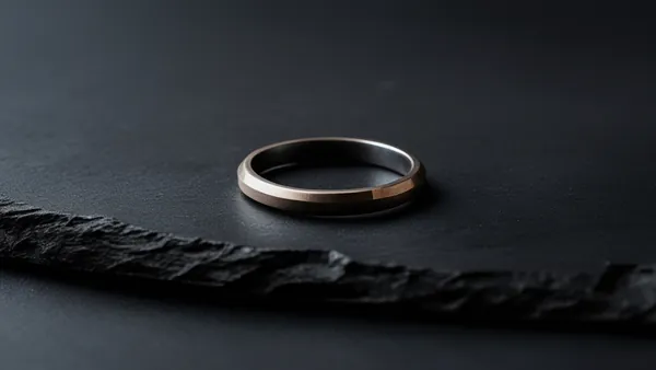 Anel de metal sobre superfície escura em fotografia macro de produto