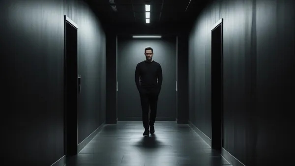 Homem sozinho em corredor escuro, imagem conceitual cinematográfica