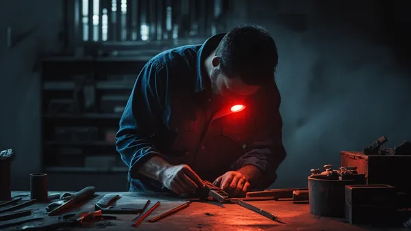 Ferramentas improvisadas sobre bancada escura com luz vermelha de alerta