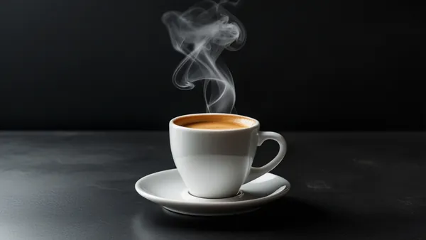 Xícara de café expresso com vapor sobre mesa escura