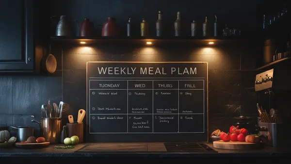 Quadro-negro com planejamento semanal de refeições em cozinha escura