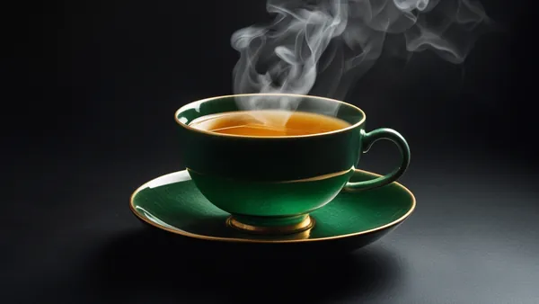 Xícara de chá verde com vapor sobre fundo escuro, clima zen