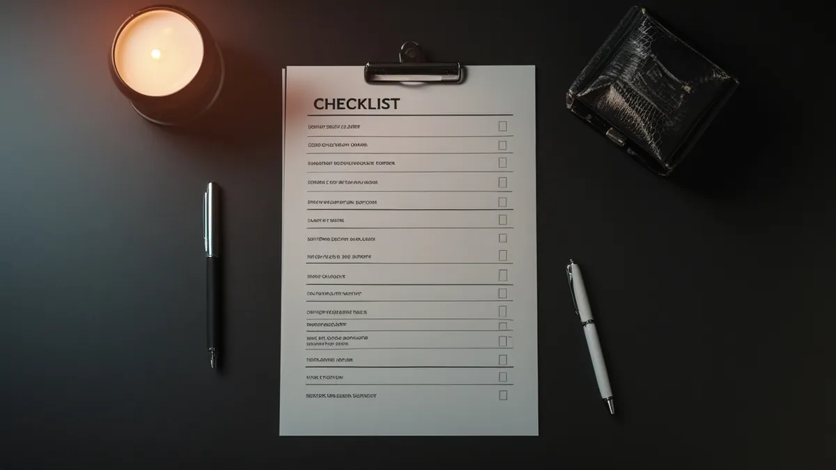 Lista de verificação sobre mesa escura com caneta, vista de cima