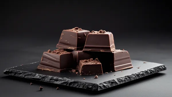 Pedaços de chocolate amargo sobre ardósia preta, macro de luxo