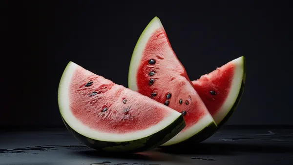 Fatias de melancia fresca sobre superfície escura, fotografia vibrante