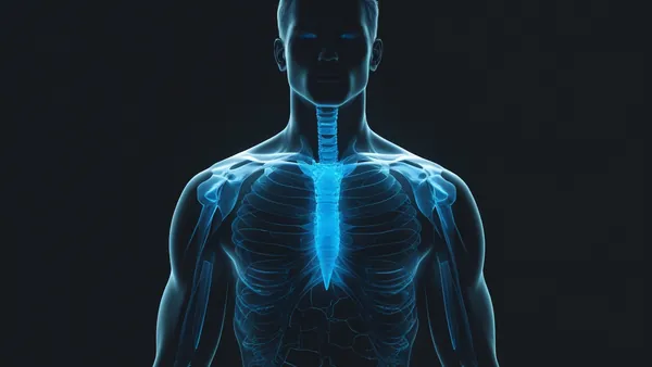 Diagrama anatômico luminoso em azul sobre fundo preto, ilustração médica