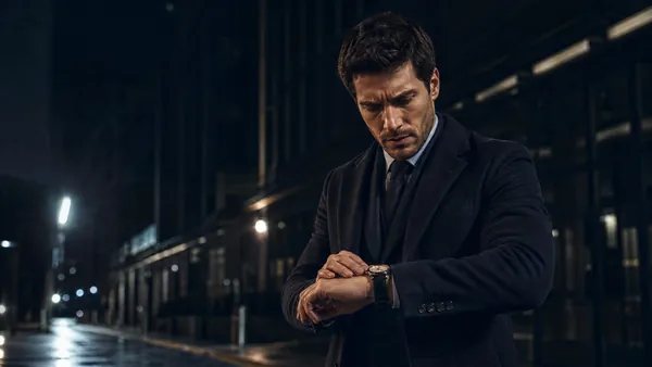 Homem checando relógio em ambiente urbano escuro, imagem cinematográfica