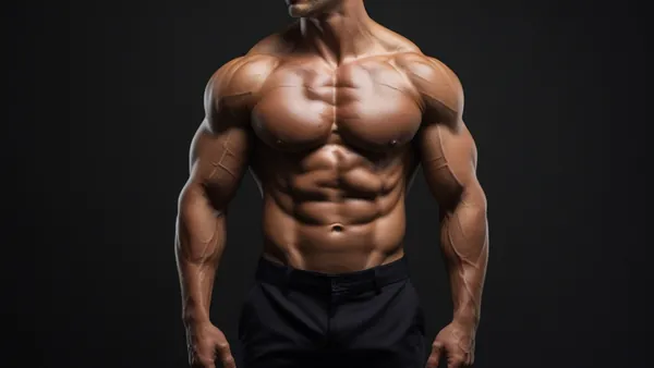 Torso masculino musculoso em estúdio escuro, representando ganho de volume