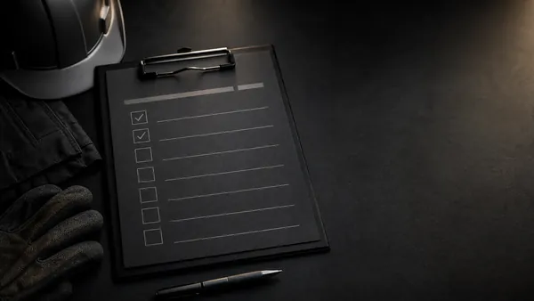 Prancheta com checklist de segurança sobre mesa escura