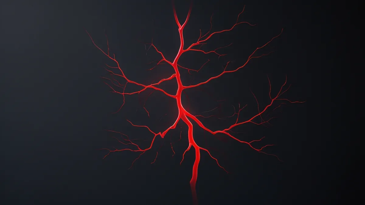Vasos sanguíneos luminosos em vermelho sobre fundo preto, visualização médica