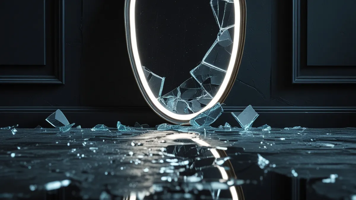 Espelho quebrado refletindo luz em quarto escuro, imagem conceitual