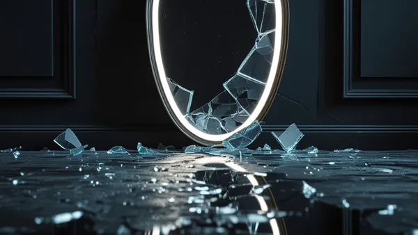 Espelho quebrado refletindo luz em quarto escuro, imagem conceitual
