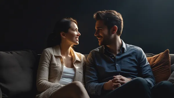 Casal conversando em sofá em ambiente escuro com luz quente e íntima
