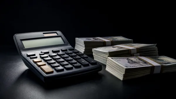 Calculadora e dinheiro sobre mesa escura, imagem financeira
