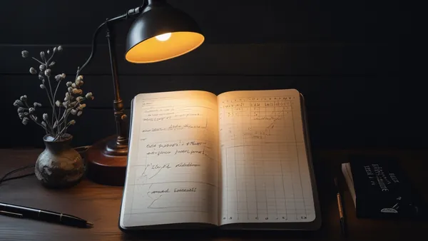 Caderno aberto com gráfico manuscrito sob luz de luminária