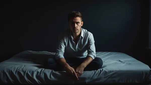 Homem sentado na borda da cama em quarto escuro, imagem cinematográfica