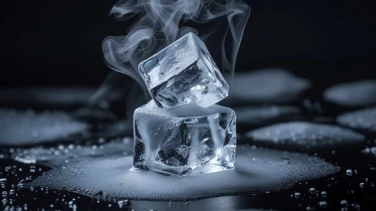 Contraste entre cubo de gelo e vapor sobre fundo escuro