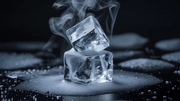 Contraste entre cubo de gelo e vapor sobre fundo escuro