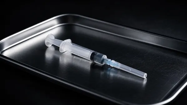 Seringa médica sobre bandeja clínica escura, fotografia profissional