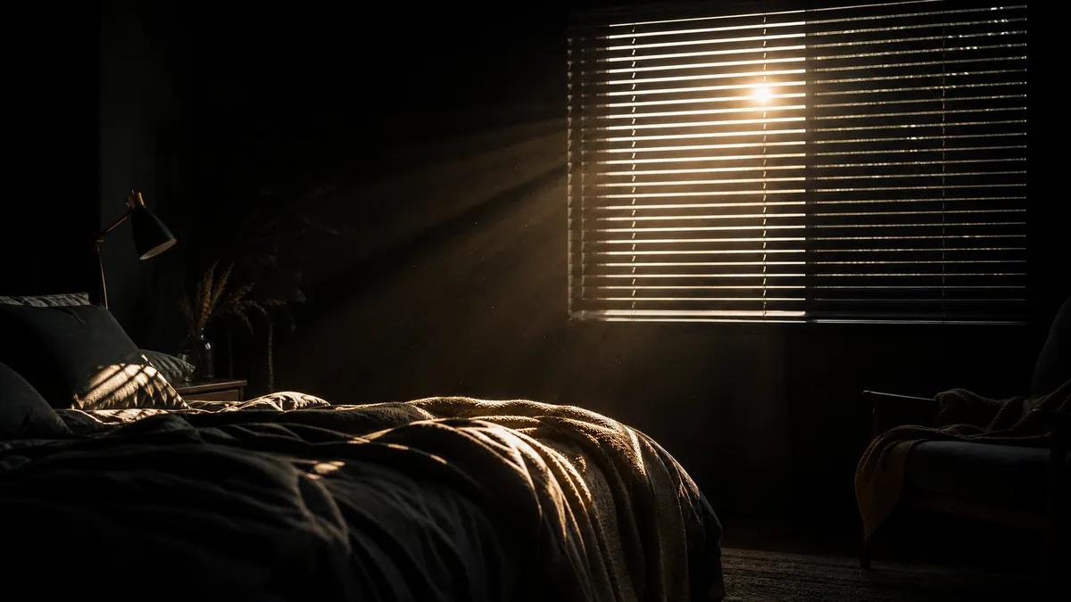 Luz da manhã entrando por persianas em quarto escuro