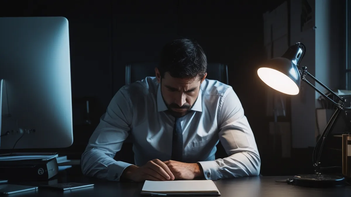 Homem estressado em escritório escuro sob luz de luminária isolada