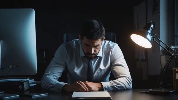 Homem estressado em escritório escuro sob luz de luminária isolada