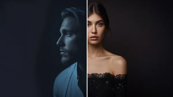 Imagem conceitual dividida em dois painéis contrastantes sobre fundo escuro