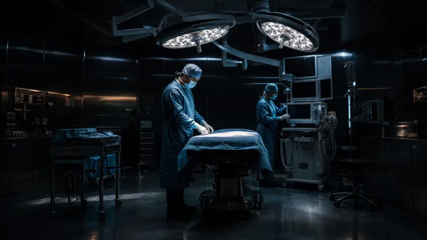 Sala cirúrgica em tom escuro com instrumentos, ambiente médico profissional