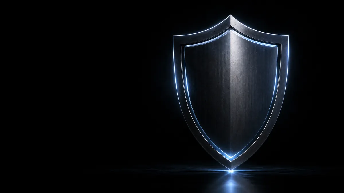 Ícone de escudo luminoso sobre fundo preto, conceito de proteção