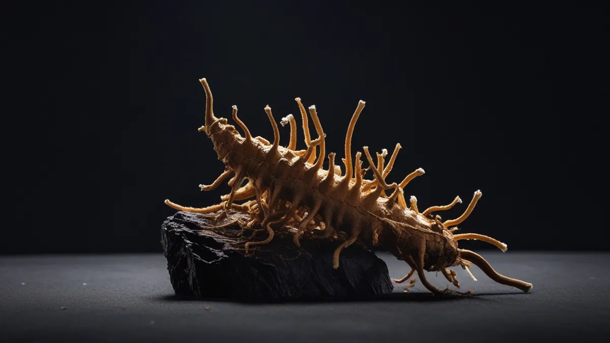 Raiz de ginseng sobre superfície escura com luz quente dramática