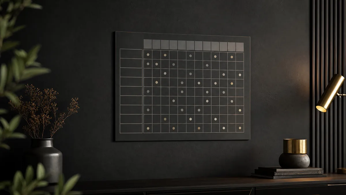 Quadro de acompanhamento de hábitos em parede escura, design minimalista