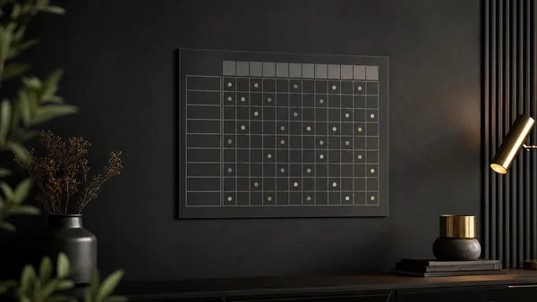 Quadro de acompanhamento de hábitos em parede escura, design minimalista