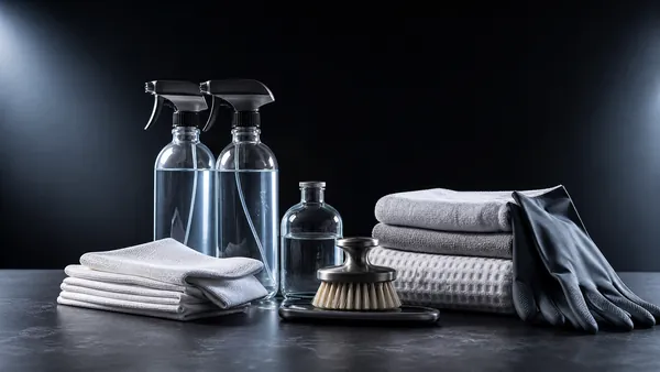 Produtos de limpeza organizados em bancada escura, ambiente clínico