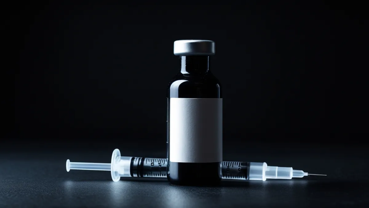 Frasco médico e seringa sobre superfície escura com iluminação de alerta