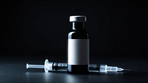 Frasco médico e seringa sobre superfície escura com iluminação de alerta