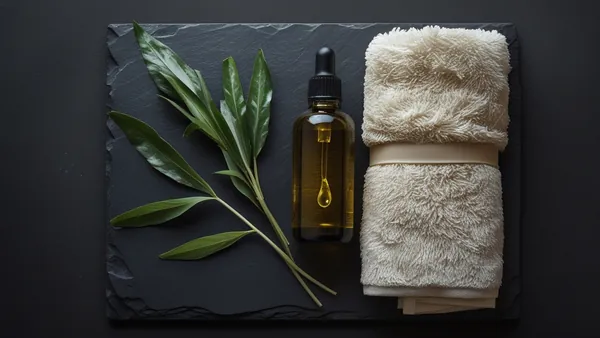 Óleo natural e toalha morna sobre superfície escura, materiais do jelqing úmido