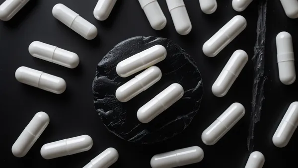 Cápsulas brancas de suplemento sobre superfície preta em macro