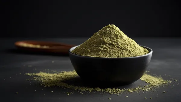 Pó de maca peruana em tigela escura, fotografia macro natural