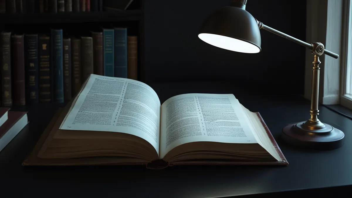 Livro de ciência aberto sobre mesa escura com luz de luminária