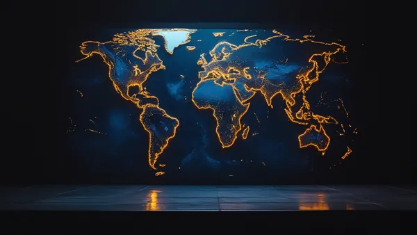 Mapa-múndi luminoso sobre superfície escura com pontos de dados