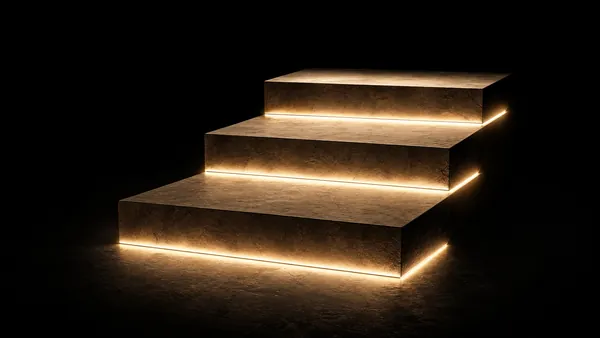 Três degraus ascendentes luminosos sobre fundo preto, minimalista
