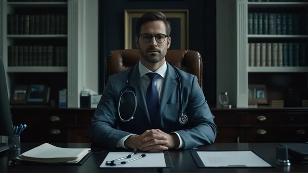 Consultório médico em tom escuro com estetoscópio sobre a mesa