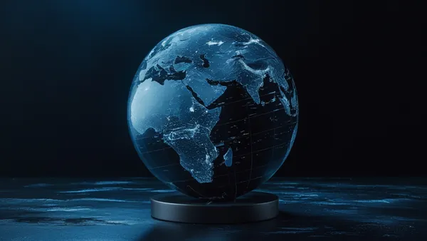 Globo terrestre sobre superfície escura com iluminação azul cinematográfica