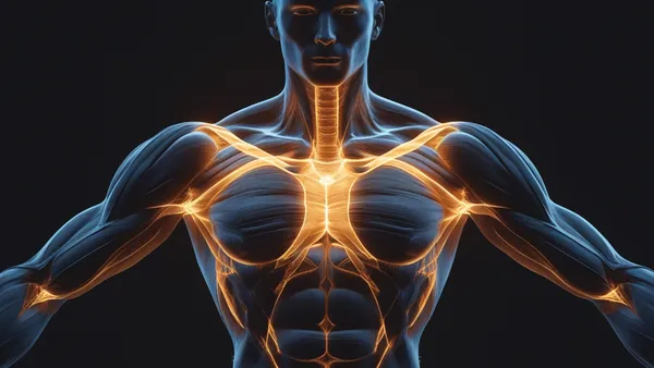 Ilustração anatômica muscular luminosa sobre fundo preto