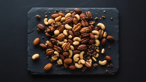 Mix de castanhas variadas sobre ardósia escura em macro gastronômico